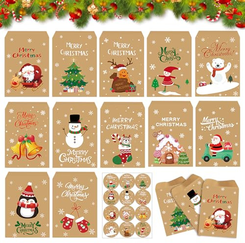 CUVZORA 24 Stück Mini Papiertüten Weihnachten, 7,7x11cm Geschenktüten klein Kraftpapier Tüten, für Süßigkeiten Adventskalender Party Überraschungsbox Weihnachten festliche Dekoration