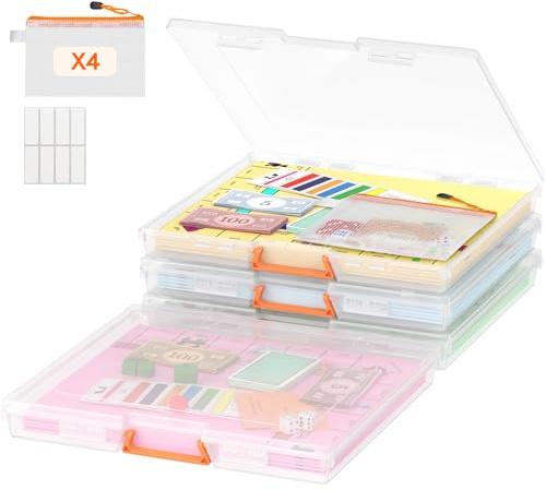 Lifewit Set om 4 förvaringslådor i plast med säkert fästsystem, med handtag och etiketter, stapelbara för pussel, kort, hantverksmaterial, 31,8 x 26,9 cm