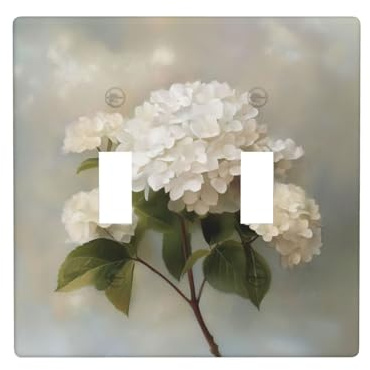 Placa de pared para interruptor de pared de doble banda, diseño de hortensias blancas, tamaño estándar, 11,4 x 11,4 cm