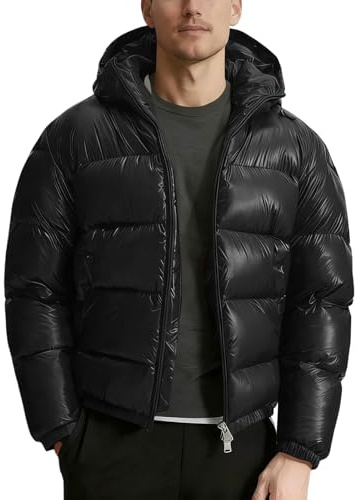 YOSUWOAI Parka de invierno para hombre, a prueba de viento, chaqueta para exteriores, abrigo brillante de invierno con capucha, chaqueta corta de plumón con cremallera, chaqueta acolchada de plumón