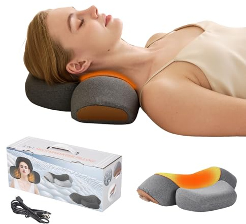Huieo 3-in-1 Neck Massager Pillow with Heat - Deep Tissue Vibration Massage & Cervical Traction for Neck Pain Relief, Portable Rechargeable Neck Hump Corrector (Rechargeable)