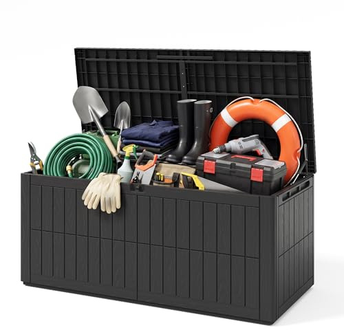 UDPATIO Garden Storage Box 680L, Waterproof Outdoor Storage Chest with Hydraulic Pistons, Wood Effect Plastic Garden Delivery Box with Lockable Lid for Gardening Tools, Cushions, Toys