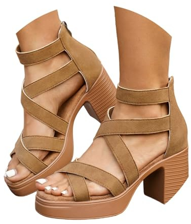 Zapatos de tacón alto Sandalias de verano con tacón grueso Sandalias de tiras con puntera abierta Sandalias de plataforma de tacón alto para ocasiones festivas, marrón, 37 EU