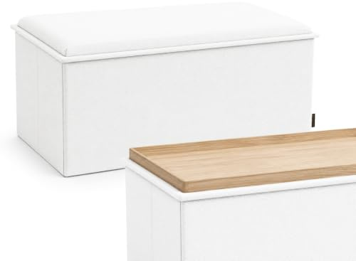 RIOGOM®️ Puff Almacenaje Plegable Rectangular con Mesa de Madera Reversible Tela | Taburete Reposapies Sofa | Baúl de Almacenamiento para Cama, Dormitorio, salón, Comedor o Recibidor (Blanco Lino)