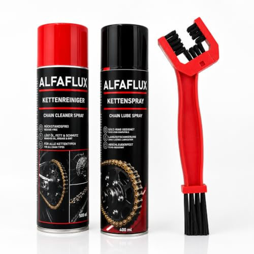 ALFAFLUX Kettenpflege-Set 3-teilig – Kettenreiniger 500ml + Kettenspray 400ml + Profi-Kettenbürste – O/X/Z-Ring – Motorrad Fahrrad MTB (Rot) | 3-teiliges Kettenpflege-Set – Reiniger + Spray + Bürste – Made in Germany