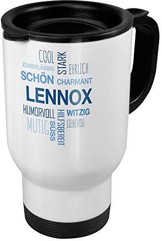 printplanet Thermobecher weiß mit Namen Lennox - Motiv Positive Eigenschaften (Tag Cloud) - Coffee to Go Becher, Thermo-Tasse