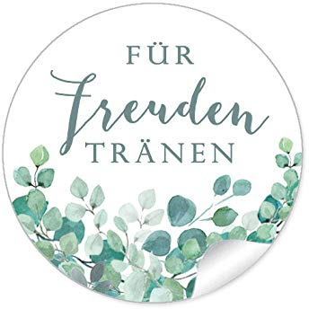 72 STICKER Hochzeit FREUDEN TRÄNEN • EUKALYPTUS ZWEIGE GRÜN MINT WEIß • Taschentücher Taschentuchverpackung Gastgeschenke Marmelade Deko Selbstgemachtes • 4cm rund matt