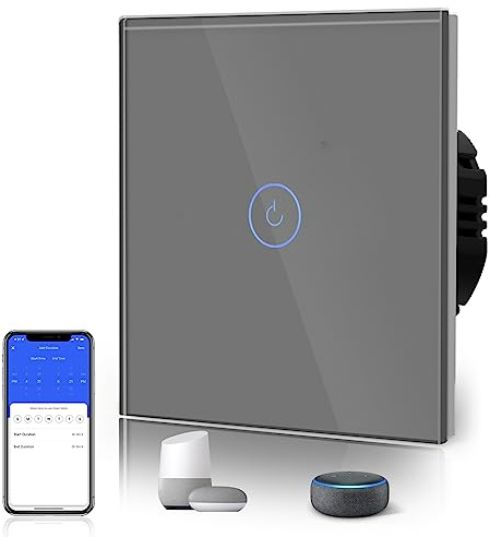 BSEED WLAN Smart Touch Lichtschalter (Neutralleiter Erforderlich), WIfI Schalter aus Glas, Alexa und Google Home Work mit Tuya, 1 Fach 1 Weg Grau