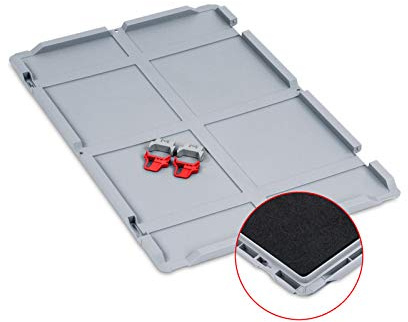 aidB Scharnierdeckel Set mit Schaumstoff für Eurobox NextGen mit Einsatzkästen, 600 x 400 mm, inkl. 2 rote Schiebeschnappverschlüsse