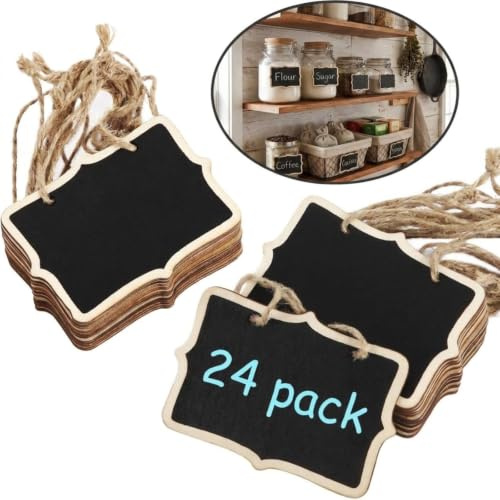 Outus 24 Stück Mini-Kreidetafel-Etiketten mit Jute-Schnur | Rechteckige Schilder für Geschenkverpackungen, Hochzeits-Tischkarten, Partygeschenke, wiederverwendbare Oberfläche