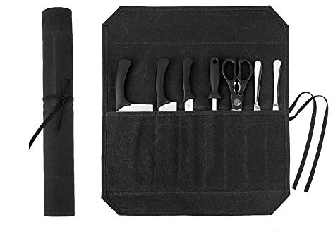 Knife Roll, Chef's Knife Roll Bag, Heavy Duty Waxed Canvas Knife Bag with 7 Slots (Black)