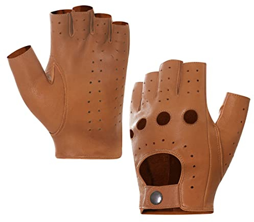 Harssidanzar Herren Fingerless Half Finger Leder Fahrhandschuhe Lammfell Ungefüttert Upgrade GM032EU, Bräunen,Größe M