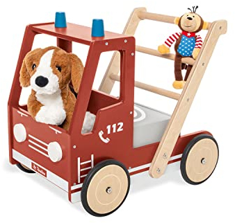 PINOLINO Lauflernwagen Feuerwehrauto Fred, mit Bremssystem, gummierten Holzrädern und herausnehmbarer Box, rot lackiert