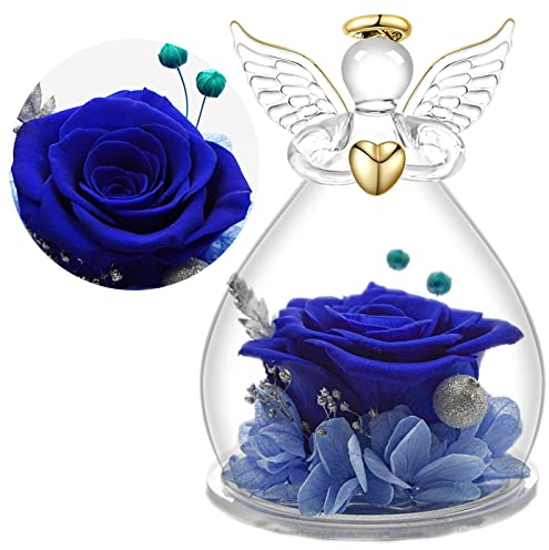 Yamonic Rosa Stabilizzata Vera Regalo Donna,Rosa Eterna in Angel Cupola Regalo Mamma,Figurine di Angeli Regalo Donna Compleanno,Regalo Nonna,Idee Regalo Natale Angelo Custode Festa della Mamma Regalo