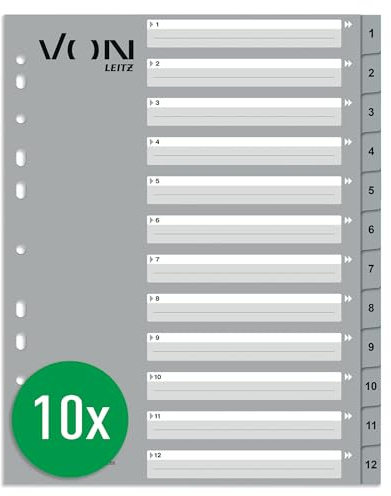 VON Leitz 10er Pack Zahlen-Register A4, 1-12 nummerierte Trennblätter für Ordner, PP, Extra breit, 11-Loch-Universalregister für Schnellhefter & Ringbücher, Grau, 12680085