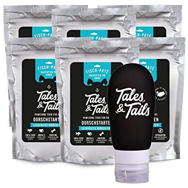 Tales & Tails Schleckertubenpaket Dorsch | Futtertube Für Hunde zum Befüllen | 6X 100g Nassfutter | Ideales Hundetraining | Wiederverwendbare Tube