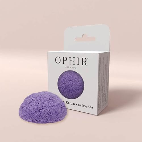 OPHIR Konjac svamp med lavendel - Naturlig ansiktssvamp - Ansiktssvamp för rengöring och exfoliering med lugnande, lugnande och avkopplande egenskaper