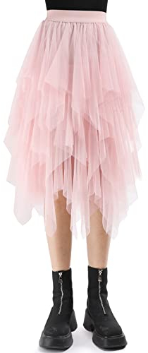 Tüllrock Damen Lang 80CM Elastische Tüll Rock Unregelmäßiges Netz Täglich, Abschlussball, Party(Taillenumfang: 60-78cm, Rosa)