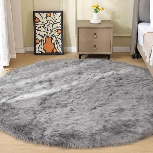 ORINOVA Teppich Runder Grau 200 cm Kunstfell Flauschig Fellteppich Schlafzimmer Wohnzimmer Weicher Waschbar Bettvorleger Kuschelteppich