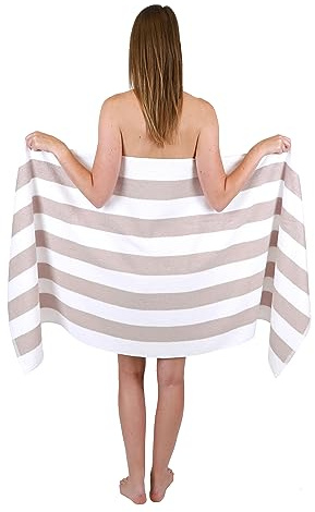 Betz Serviette à Sauna avec Rayures Berlin – 1 Drap de Sauna en 100% Coton – Drap de Bain – 70 x 180 cm Blanc - Cappuccino