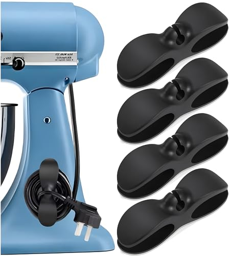 Cord Organizer for Kitchen Appliances with 3M Self Adhesive Mount [4 Pack], Sturdy Stick On Cord Winder for Appliances Cable Cord Holder for Pressure Cooker Blender Mixer Toaster Juicer & More (Black)