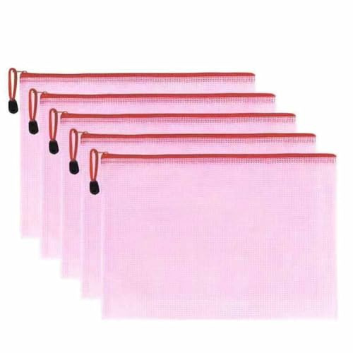 SHTGOI 5 Stück Dokumententaschen mit Reißverschluss PVC Kunststoff Reißverschlusstasche Transparent wasserdichte Mesh Dokumentenmappe Datei Taschen für Papier, Dokumente, Rechnung A5 Rot