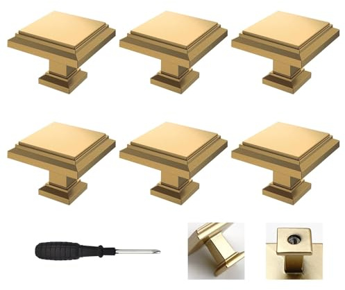 Wondora 6-Piece Aluminium Square Cabinet Handles Gold with Screws 1 Screwdriver for Handles for Kitchen Cabinets, Cupboard Door Knobs, Drawer Knobs, Door Knobs, Wine Cooler (Pearl Gold)
