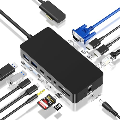 Surface Docking Station Triple Display, 12 in 1 Microsoft Surface Dock Adapter mit 2 HDMI 4K +VGA +RJ45 für Surface Pro 9/8/X/7/6/5/4/3, Surface Laptop 5/go/4/3/2/1, Surface Book 3/2, Surface Book