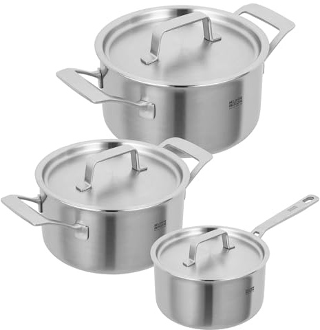 Kuhn Rikon Saucepan 1.7L/16cm, Casserole Pots 2.5L/18cm & 3.4L/20cm, 5-Ply 3-Piece Stainless Steel & Aluminium Mixed Cookware Set, Oven & Dishwasher Safe Multi-Ply Set with Lids- Culinary Fiveply