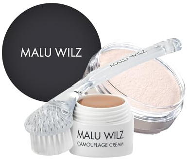 Malu Wilz Make up Set mit Fixing Powder 15g, Reinigungsbürste & Camouflage Creme Nr. 03 I Fixierpuder, Gesichtsbürste & Foundation in einem Beauty Set
