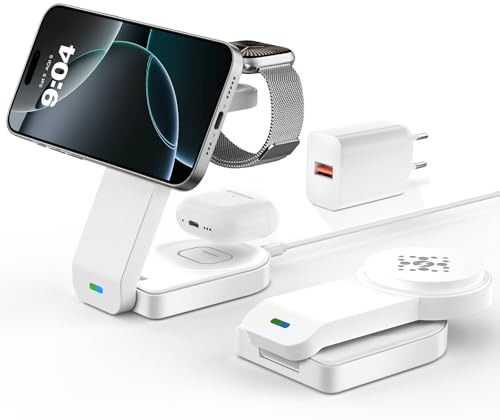 QUVFHE Magnetisches Faltbarer kabelloses Ladegerät für Apple,3 in 1 kabellose Ladestation für iPhone Air 17 16 15 14 13 12 etc,iWatch,AirPod 4 3 2(Weiß)
