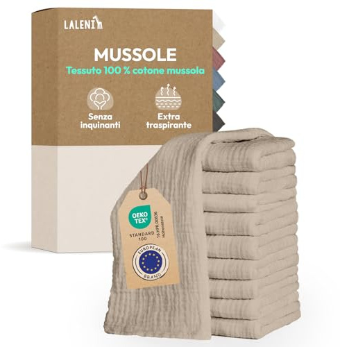 Laleni Mussole Neonato 70x70cm Set da 10 - Asciugamani in Cotone Morbido per Pelli Sensibili - Lavette Extra Assorbenti, Quadrati Beige