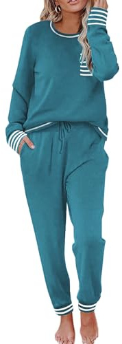 Ekouaer Dam pyjamas lång tvådelad pyjamasset rund hals nattkläder sovtröja och pyjamasbyxor mjuka nattkläder med fickor, Blå grön, XXL