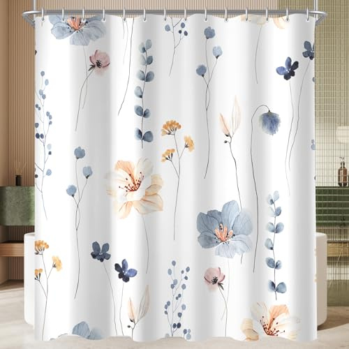 Lerores Shower Curtain, 180 x 160 cm, Blue Flower, Weighted Hem, Anti-Mould, Water-Repellent, Washable Polyester Bath Curtains with 12 Eyelets and Shower Curtain Rings for Bathroom, Bathtub