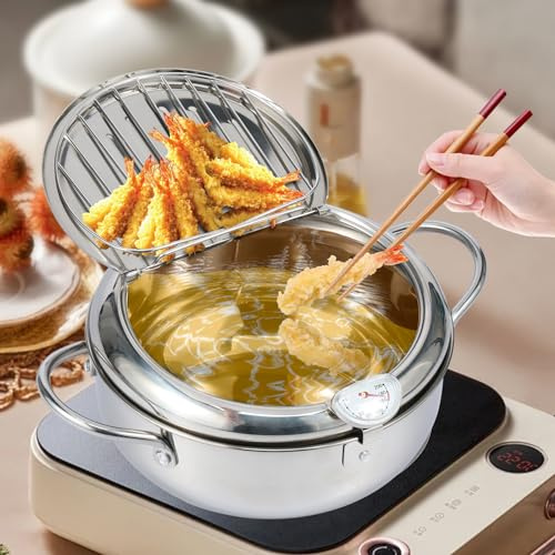 Olla freidora de acero inoxidable 304 de 9.75 pulgadas/3.4 L, olla de tempura estilo janpanese con cesta coladora y termómetro, olla con asa, recipiente de aceite para freír pescado, camarones y pollo