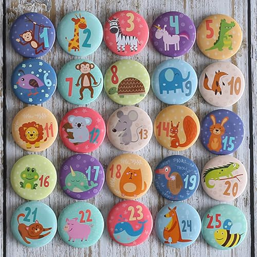 HERZONE Calendrier de l'Avent, boutons chiffres, épingles pour décorer les calendriers de l'Avent, avec chiffres de 1 à 25, idéal pour les sacs en tissu, les sacs et les sacs (animaux colorés)