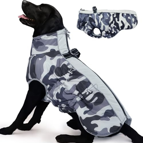 Katzinst Fleece Hundemantel Grosse Hunde, Winddicht Hundejacke mit Reißverschluss Hinten und Rollkragen, Perfekt für Kalte Wintertage, Hundemantel Labrador, Dobermann, Grau, 2XL