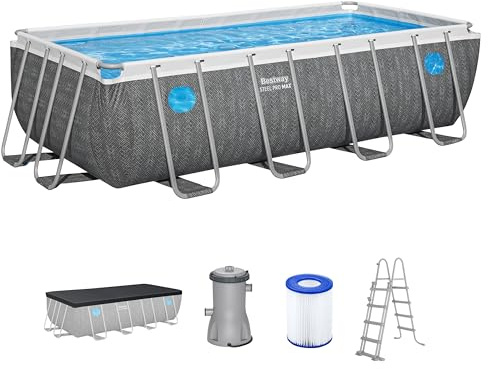 Bestway Steel Pro MAX Frame Pool Komplett-Set mit Filterpumpe, 488 x 244 x 122 cm, 11.532 Liter, Rattan-Optik, Splashview Bullaugen, Sicherheitsleiter, Abdeckplane, Filterkartusche, Schiefergrau