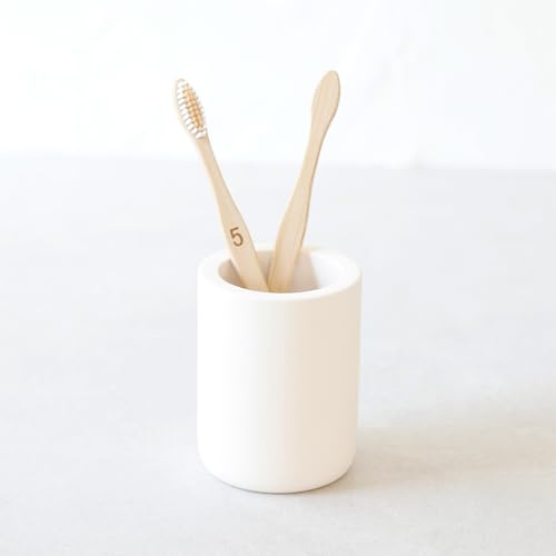 Selegna Diatomite Drying Stone Toothbrush Holder, Modern Ceramic-Look Countertop Cup with Drainage for Bathroom, Quick Drying Electric Toothbrush & Toothpaste Organizer, Stoneware Finish