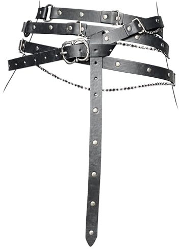 HiiFeuer Mittelalterlicher DIY-Kunstleder-Metallkettengürtel, Vintage Verstellbarer dünner Gürtel für Frauen, Retro Skinny Gürtel für Kleider (Schwarz A)