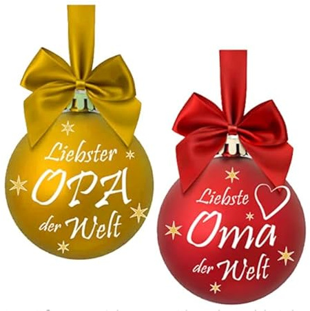 2 Stück Christbaumkugeln Liebster Opa Liebste Oma der Welt Weihnachtskugeln Motivkugeln aus Kunststoff unzerbrechlich bruchsicher matt metallisch (Oma/Opa)