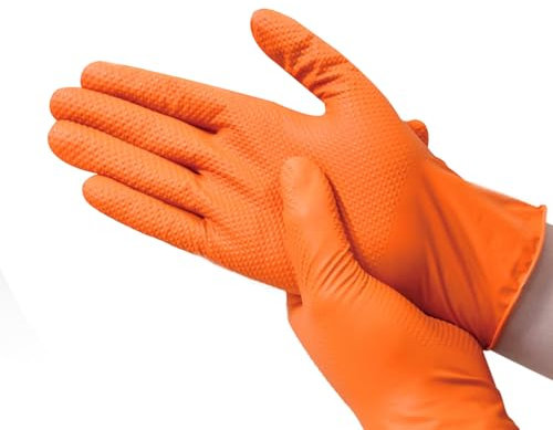 100PCS Work Nitrile Gloves,Nitrile Disposable Gloves,Diamond Grip Mechanic Gloves for Men,10mil Heavy Duty Gloves,Latex&Powder Free Exam Disposable Gloves for Garden Car Work Industrial (Orange, L)