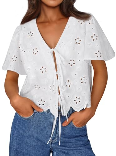 Trendy Queen Womens Summer Tops Crop Cute Boho Short Puff Sleeve Cotton Blouses Beach Vacation Spring Outfits 2026 Tie Front Eyelet Embroidered Clothes White M