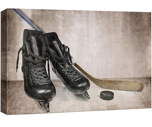 XINBAO Hockeyschläger, Schlittschuhe, Eishockey, Leinwanddruck, Wandkunst, Sport, Fitnessstudio, Leichtathletik, Schulzimmer, Retro-Bilder, Gemälde, Poster, 80 x 120 cm, Rahmen