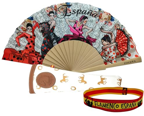 Pack de Abanico con Dibujo Baile Flamenco con Funda Artesanal Hecha en Ubrique y Pulsera de Tela – Diseño Tradicional Español Souvenir o Regalo (Abanico Flamenco Blanco)
