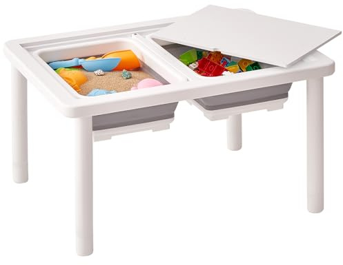 FUNLIO Wooden Sensory Table With 2 Bins for Toddlers 1-5, 3-Level Height Adjustable Kids Play Sand and Water Table, Anti-Warping Plywood Lid, Indoor/Outdoor Use, CPC Certified - White