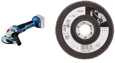 Bosch Professional 18V System Akku Winkelschleifer GWS 18V-10 (Ø: 125mm, inkl. Schnellspannmutter, Schutzhaube, Aufnahmeflansch, ohne Akku/ Ladegerät) + Fächerschleifscheibe X581 Best for Inox Korn 80