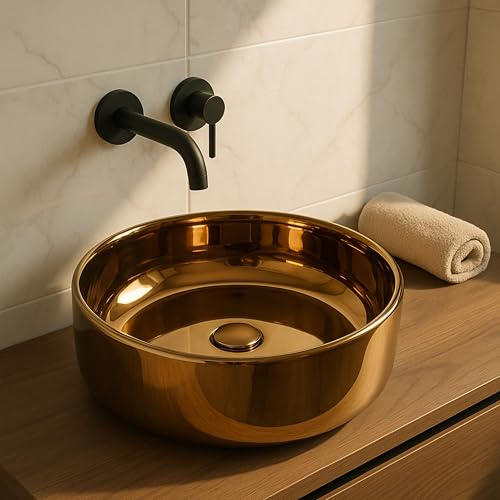 Norbe | TEIDE | Lavabo 40 cm diam. in Ceramica tondo | Lavandino Bagno Forma Rotonda diametro 40 cm x 40 cm (Bronzo)