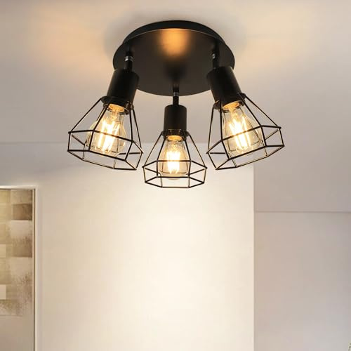 Unikcst LED Deckenstrahler 3 Flammig Deckenlampe Schwarz E27 | Schwenkbar 350°, Vintage, Metall, Decken- oder Wandmontage, Wandlampen, Wohnzimmerlampe, Küchenlampe, Ohne Leuchtmittel