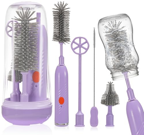 Electric Baby Bottle Brush Set, Portable Bottle Brushes with UV Steriliser | 4 in 1 Baby Bottle Cleaner Milk Frother, Nipple and Straw Brush, Bottle Drying Rack, Two-speed Cleaning Mode